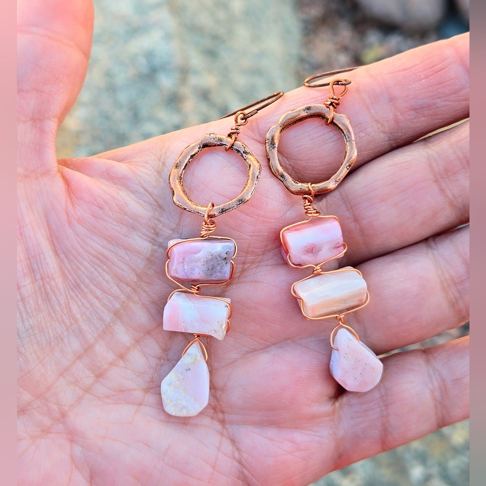 Whispers From Andes Genuine Pink Peruvian Opals In Antique Copper Drop Earrings - Picture 6 of 10